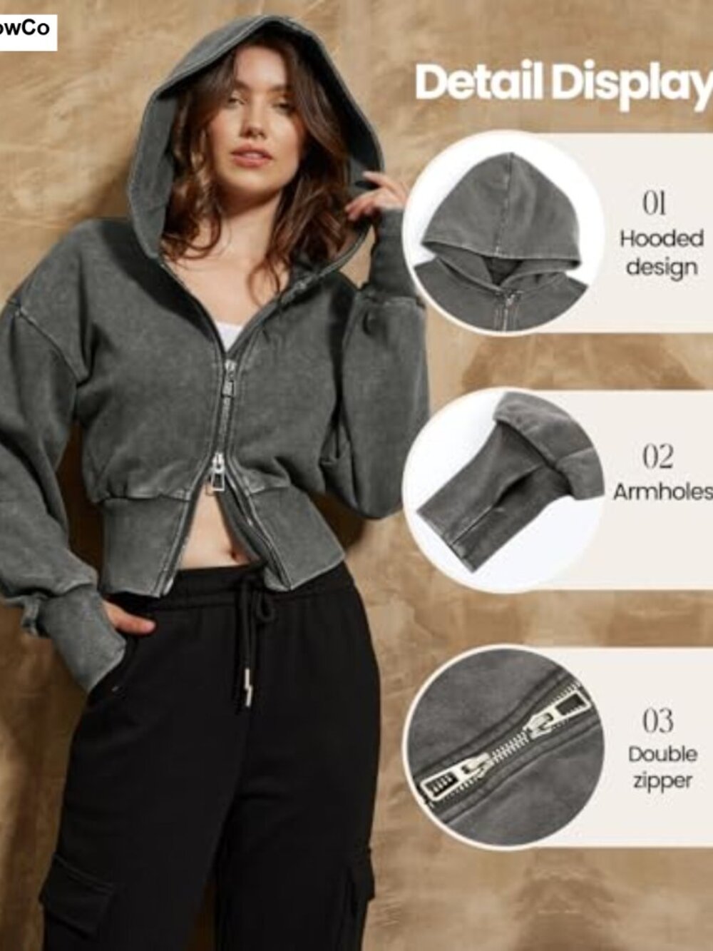 Washed Crop Zip Up Hoodie Long Sleeve Athletic Sweatshirt - Picture 5 of 6